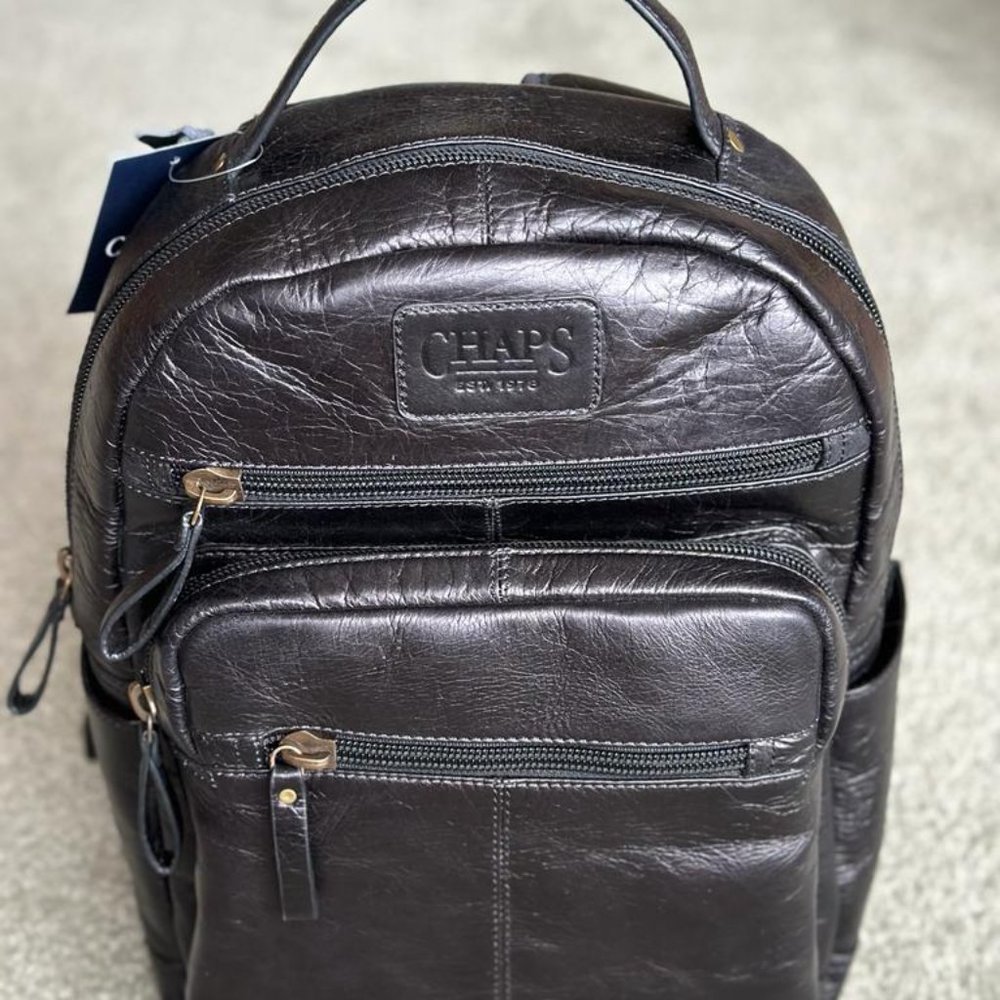 Chaps Leather Backpack Unisex Sleeve Slides